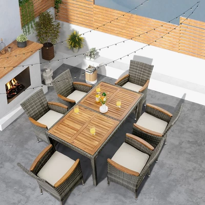 Costway 7PCS Patio Rattan Dining Set Acacia Wood Table Cushioned Chair Mix Gray 2 Costway 7PCS Patio Rattan Dining Set Acacia Wood Table Cushioned Chair Mix Gray - Image 2
