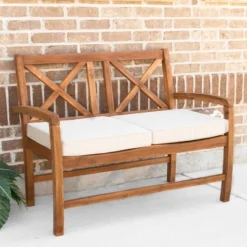Acacia Wood X-Back Love Seat With Cushions Brown - Saracina Home -Outdoor Garden Store GUEST a375564a 7544 45f1 9224 786c06015617