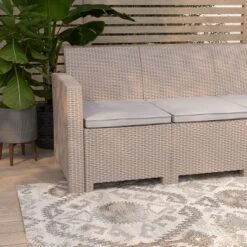 Merrick Lane Outdoor Furniture Resin Sofa Faux Rattan Wicker Pattern Patio 3-Seat Sofa With All-Weather Cushions -Outdoor Garden Store GUEST a37c3da1 768e 45a8 acdb 64126212f73f