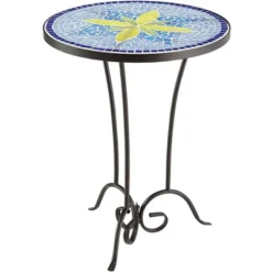 Teal Island Designs Rustic Black Round Outdoor Accent Side Table 17 1/2" Wide Blue Yellow Mosaic Tabletop For Front Porch Patio Home House -Outdoor Garden Store GUEST a5f43e7d d3fd 45f0 b111 a6b53b20da24