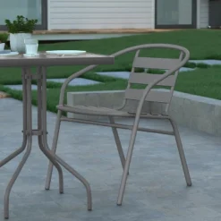 Emma And Oliver 23.5'' Square Glass Top Metal Table With 2 Aluminum Slat Stack Chairs -Outdoor Garden Store GUEST a7778e61 1454 412f 8325 61d68859915f