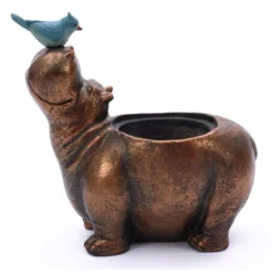 LuxenHome Brown Hippo And Blue Bird MgO Flower Pot Planter -Outdoor Garden Store GUEST a8ce3c8d a198 40ed a4d9 04f671f91fc3