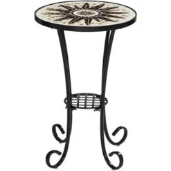 Teal Island Designs Modern Black Round Outdoor Accent Side Table 14" Wide Brown Sunburst Mosaic Tabletop For Front Porch Patio House -Outdoor Garden Store GUEST abc904a1 a6d4 441c 9746 3fa0a20271e3