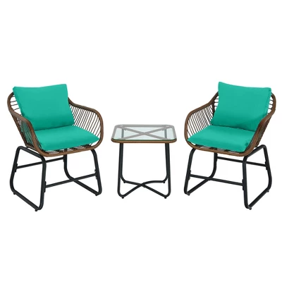 Costway 3PCS Patio Rattan Bistro Set Cushioned Chair Glass Table Deck WhiteTurquoise 9 Costway 3PCS Patio Rattan Bistro Set Cushioned Chair Glass Table Deck WhiteTurquoise - Image 9