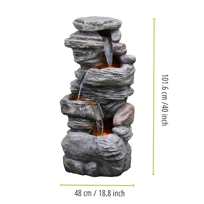 Teamson Home 39.37" Outdoor Faux Stone 4-Tier Water Fountain With LED, Gray 5 Teamson Home 39.37" Outdoor Faux Stone 4-Tier Water Fountain With LED, Gray - Image 5