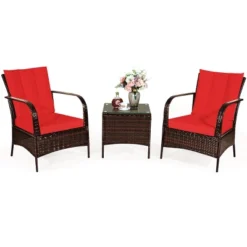 Costway 3 PCS Patio Wicker Rattan Furniture Set Coffee Table & 2 Rattan Chair W/Cushions