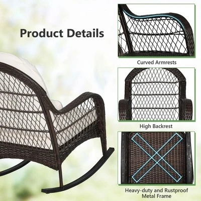 Costway 2PCS Patio Wicker Rocking Chair W/Seat Back Cushions & Lumbar Pillow Balcony 6 Costway 2PCS Patio Wicker Rocking Chair W/Seat Back Cushions & Lumbar Pillow Balcony - Image 6