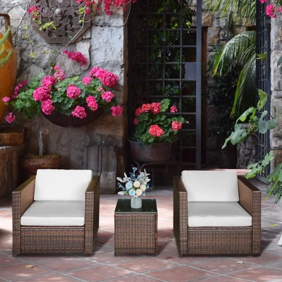 Outsunny 3-Piece Patio Wicker Bistro Set, Outdoor All-hand Weave PE Rattan Conservatory Garden Porch Furniture W/ Cushions & Coffee Table 1 Outsunny 3-Piece Patio Wicker Bistro Set, Outdoor All-hand Weave PE Rattan Conservatory Garden Porch Furniture W/ Cushions & Coffee Table