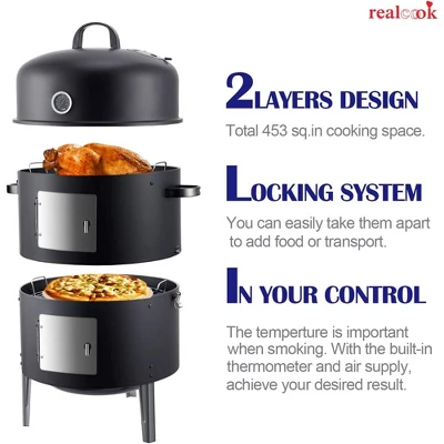 Realcook 17 Inch Vertical Heavy Duty Round Steel BBQ Charcoal Outdoor Smoker With Latch Locking System And Dual Entrance Doors, Black 2 Realcook 17 Inch Vertical Heavy Duty Round Steel BBQ Charcoal Outdoor Smoker With Latch Locking System And Dual Entrance Doors, Black - Image 2