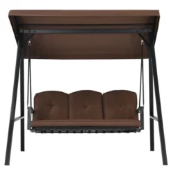 Tangkula 3-Person Patio Swing Seat Outdoor Porch Swing All Weather Hammock W/Adjustable Canopy & Cushions Brown/Gray -Outdoor Garden Store GUEST b6692377 9b6b 4723 bbb1 6d9f37c5655b