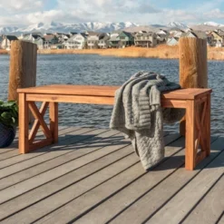 53" Slatted Acacia Wood X-Frame Patio Bench Brown - Saracina Home -Outdoor Garden Store GUEST b693a23e 6fc7 41fe 8ad1 80ccc722306b