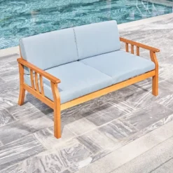 Kapalua Honey Nautical Eucalyptus Wooden Outdoor Sofa Bench With Cushion - Vifah -Outdoor Garden Store GUEST ba22116a 16bf 44d9 bb02 d58ba2df5e3d
