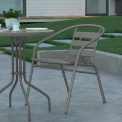 Emma And Oliver 23.75'' Round Glass Top Metal Table With 2 Aluminum Slat Stack Chairs -Outdoor Garden Store GUEST bb2adc87 2ead 44bb 8ce8 7568a7c52144