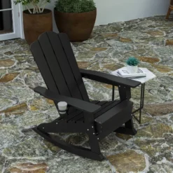 Merrick Lane HDPE Adirondack Chair With Cup Holder And Pull Out Ottoman, All-Weather HDPE Indoor/Outdoor Chair