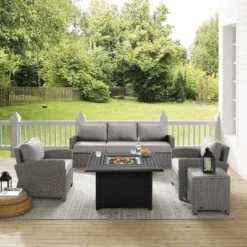 Bradenton 5pc Wicker Sofa Set With Fire Table - Gray - Crosley -Outdoor Garden Store GUEST bba66112 7660 4a20 9515 3e097679badd