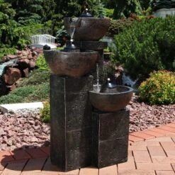 Sunnydaze Decor Sunnydaze 34"H Electric Polyresin 3-Tier Burning Bowls Outdoor Water Fountain With Real Flame Torch Accents