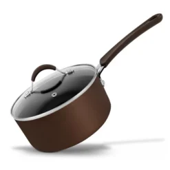 NutriChef 1.5 Quart Sauce Pot W/ See-Through Lid Non-Stick High-Qualified Kitchen Cookware, (Brown)