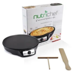 NutriChef 12 Inch Electric Nonstick Griddle Pancake Crepe Injera Blitnz Maker Hot Plate Cooktop With Crepe Turner And Pastry Spreader Tools, Black