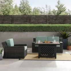 Beaufort 3 Pc Outdoor Wicker Conversation Set Loveseat And Chair With Fire Table - Mist/Brown - Crosley -Outdoor Garden Store GUEST c35d0bba 65c8 4310 9981 0d449c9b6596