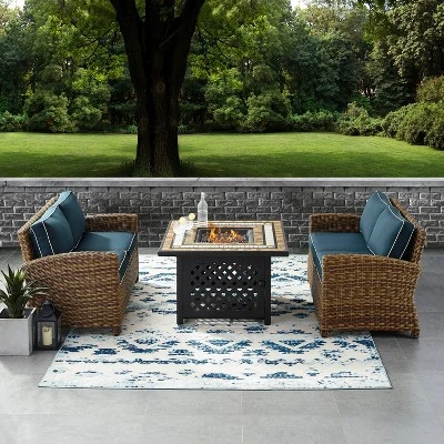 3pc Bradenton Outdoor Steel Fire Pit Set With 2 Loveseats Navy/Weathered Brown - Crosley 1 3pc Bradenton Outdoor Steel Fire Pit Set With 2 Loveseats Navy/Weathered Brown - Crosley