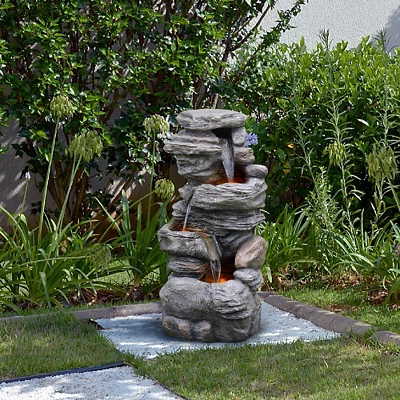 Teamson Home 39.37" Outdoor Faux Stone 4-Tier Water Fountain With LED, Gray 7 Teamson Home 39.37" Outdoor Faux Stone 4-Tier Water Fountain With LED, Gray - Image 7