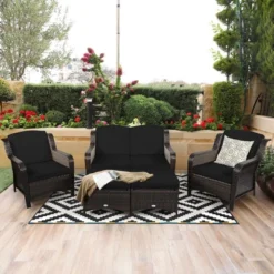 Costway 5PCS Patio Rattan Furniture Set Loveseat Sofa Ottoman W/RedWhite Cushion -Outdoor Garden Store GUEST c71ba7d6 f461 418b a4e7 0307db2a0b92