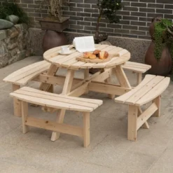 Gardenised Wooden Outdoor Patio Garden Round Picnic Table With Bench, 8 Person- Natural -Outdoor Garden Store GUEST c78e57b9 84aa 4937 b39b 26dfd8ced444