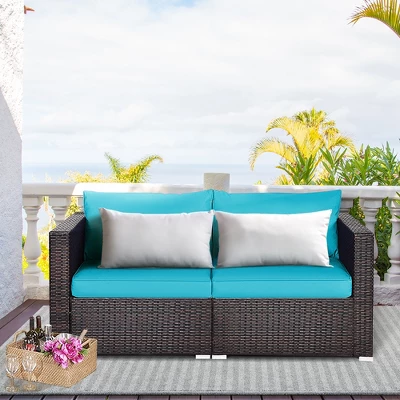 Costway 4PCS Patio Rattan Corner Sofa With Blue Cushion 1 Costway 4PCS Patio Rattan Corner Sofa With Blue Cushion