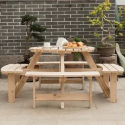Gardenised Wooden Outdoor Patio Garden Round Picnic Table With Bench, 8 Person- Natural -Outdoor Garden Store GUEST c867563f dee4 419f 805e 543fb9e6214d