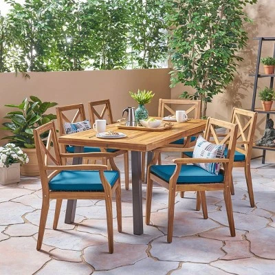 Juniper 7pc Acacia Wood Dining Set - Teak/Blue - Christopher Knight Home 1 Juniper 7pc Acacia Wood Dining Set - Teak/Blue - Christopher Knight Home