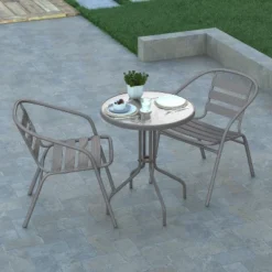 Emma And Oliver 23.75'' Round Glass Top Metal Table With 2 Aluminum Slat Stack Chairs -Outdoor Garden Store GUEST cd228bee 1cfb 41b4 aa18 cf1bbf98a20f