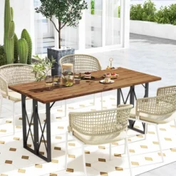 Costway 67'' Patio Rectangle Table Heavy-Duty Acacia Wood Dining Table With Umbrella Hole -Outdoor Garden Store GUEST cf35e51e 1255 41e3 8574 e1a17ed84e0a