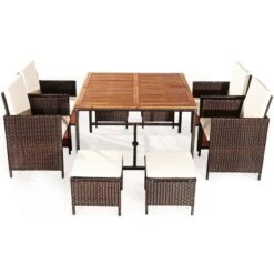 Costway 9PCS Acacia Wood Patio Rattan Dining Set Cushioned Chairs Ottoman -Outdoor Garden Store GUEST d0bc7854 d054 4ad9 9ada bc460e75778e