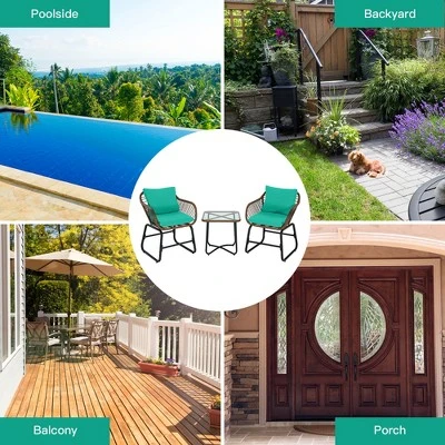Costway 3PCS Patio Rattan Bistro Set Cushioned Chair Glass Table Deck WhiteTurquoise 3 Costway 3PCS Patio Rattan Bistro Set Cushioned Chair Glass Table Deck WhiteTurquoise - Image 3