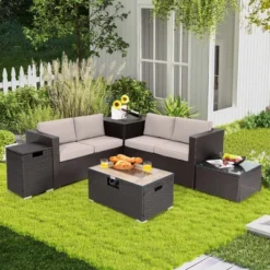 Costway 6PCS Patio Rattan Furniture Set 32'' Fire Pit Table Tank Holder With Cover Beige/Navy/Red/Turquoise -Outdoor Garden Store GUEST d685142a 4799 418b 86de 036c4496257b