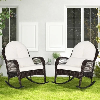 Costway 2PCS Patio Wicker Rocking Chair W/Seat Back Cushions & Lumbar Pillow Balcony 9 Costway 2PCS Patio Wicker Rocking Chair W/Seat Back Cushions & Lumbar Pillow Balcony - Image 9