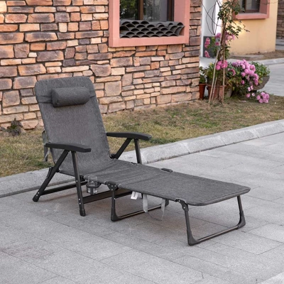 Outsunny Outdoor Folding Chaise Lounge Chair, Mesh Fabric Pool Chair With Adjustable Backrest, Pillow And Cup Holder For Poolside, Deck, Gray 2 Outsunny Outdoor Folding Chaise Lounge Chair, Mesh Fabric Pool Chair With Adjustable Backrest, Pillow And Cup Holder For Poolside, Deck, Gray - Image 2