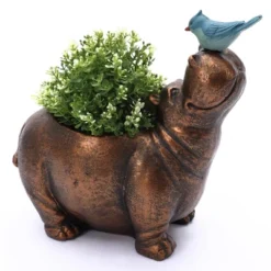 LuxenHome Brown Hippo And Blue Bird MgO Flower Pot Planter -Outdoor Garden Store GUEST ddc0debc eb7b 43c3 84ac 773fa5217bb8