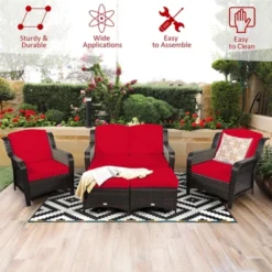 Costway 5PCS Patio Rattan Furniture Set Loveseat Sofa Ottoman W/RedWhite Cushion -Outdoor Garden Store GUEST df2ceb41 5018 4b29 a682 69d918832890