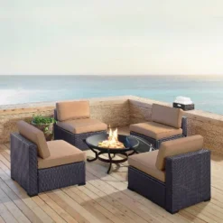 Biscayne 5pc Outdoor Wicker Conversation Set With 4 Armless Chairs & Fire Pit - Mocha - Crosley