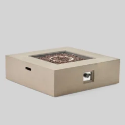 Illona 7pc Acacia Wood V-Shaped Sofa & Square Fire Table Set Teak/Crme/Light Gray- Christopher Knight Home -Outdoor Garden Store GUEST e086a04f 2d64 4d65 a22e eda094252629