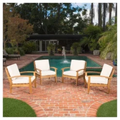Peyton 4pk Acacia Wood Patio Club Chairs W/ Cushions - Beige - Christopher Knight Home