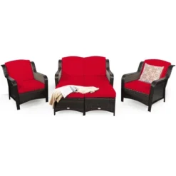 Costway 5PCS Patio Rattan Furniture Set Loveseat Sofa Ottoman W/RedWhite Cushion -Outdoor Garden Store GUEST e2690873 05dd 4330 9467 c18030fd82c9