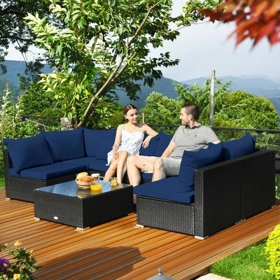 Costway 7PCS Patio Rattan Sofa Set Sectional Conversation Furniture Set Garden 12 Costway 7PCS Patio Rattan Sofa Set Sectional Conversation Furniture Set Garden - Image 12
