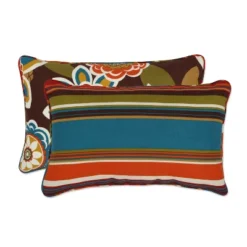 Outdoor 2-Piece Reversible Lumbar Toss Pillow Set - Brown/Turquoise Floral/Stripe - Pillow Perfect