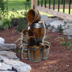 24" Indoor/Outdoor Tiered Barrels And Buckets Fountain Brown - Alpine Corporation