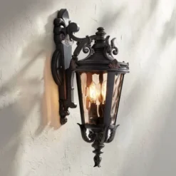 John Timberland Casa Marseille Rustic Outdoor Wall Light Fixture Valencia Bronze Scroll 21 3/4" Champagne Hammered Glass For Post Exterior Barn Deck