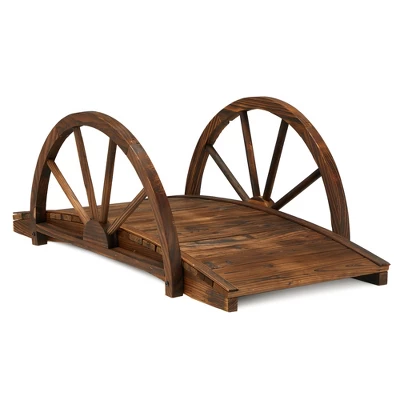 JOMEED CC77 3.3 Foot Natural Fir Wood Backyard Garden Arched Footbridge With Half-Wheel Style Railings For Small Creeks Or Streams, Brown Stain 1 JOMEED CC77 3.3 Foot Natural Fir Wood Backyard Garden Arched Footbridge With Half-Wheel Style Railings For Small Creeks Or Streams, Brown Stain