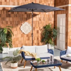 7.5' Square Athens Crank Umbrella Navy/White - Safavieh