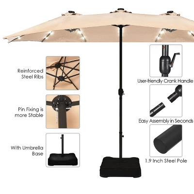 Costway 15Ft Patio Double-Sided Solar LED Market Umbrella Crank Base BeigeTanOrangeBurgundy 7 Costway 15Ft Patio Double-Sided Solar LED Market Umbrella Crank Base BeigeTanOrangeBurgundy - Image 7